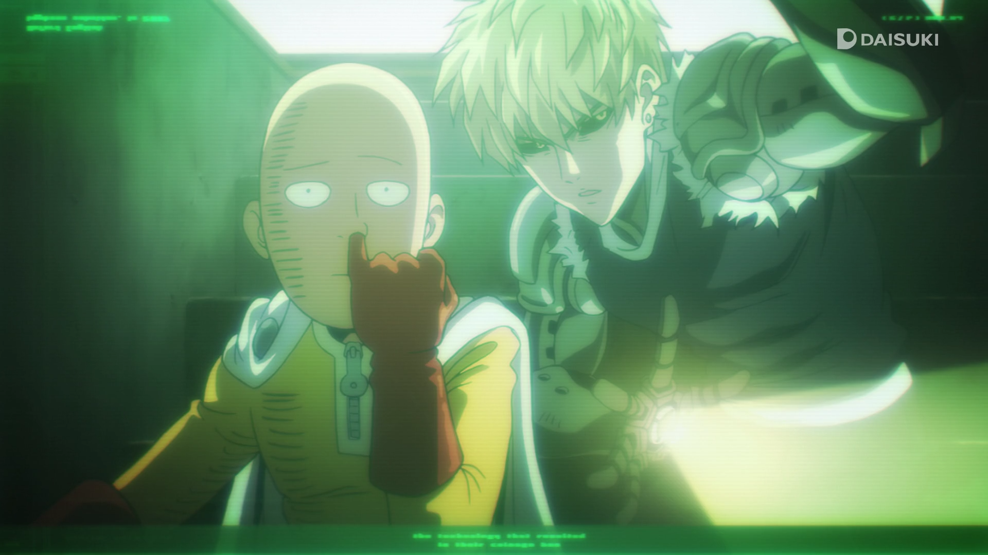 One Punch Man / Episode 3 / Saitama and Genos looking into one of the mad scientist
