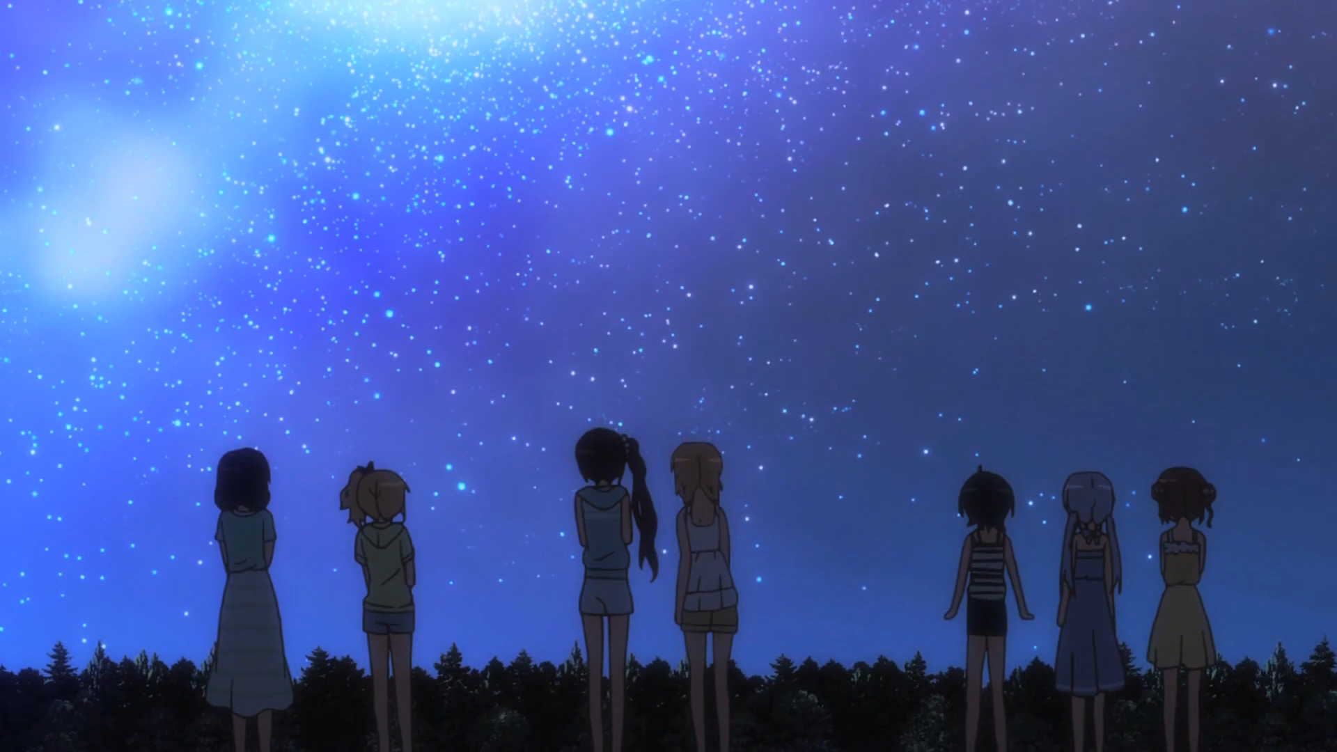 Is the Order a Rabbit?? / Episode 11 / Chiya, Syaro, Rize, Cocoa, Maya, Chino, and Megumi looking up at the stars during their getaway camping trip
