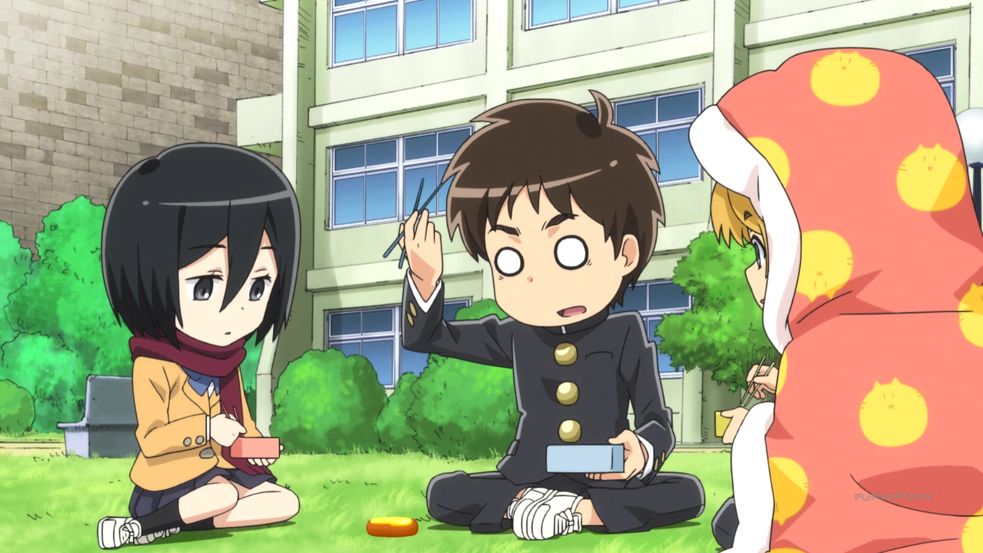 Shingeki! Kyojin Chuugakkou / Episode 3 / Mikasa, Eren, and Armin eating lunch together following their intense dodgeball tournament
