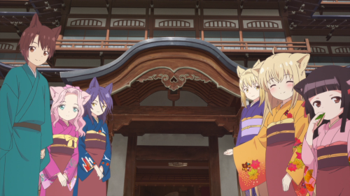 Konohana Kitan / Episode 9 / The caretakers of Konohanatei standing outside, waiting to greet their next guest